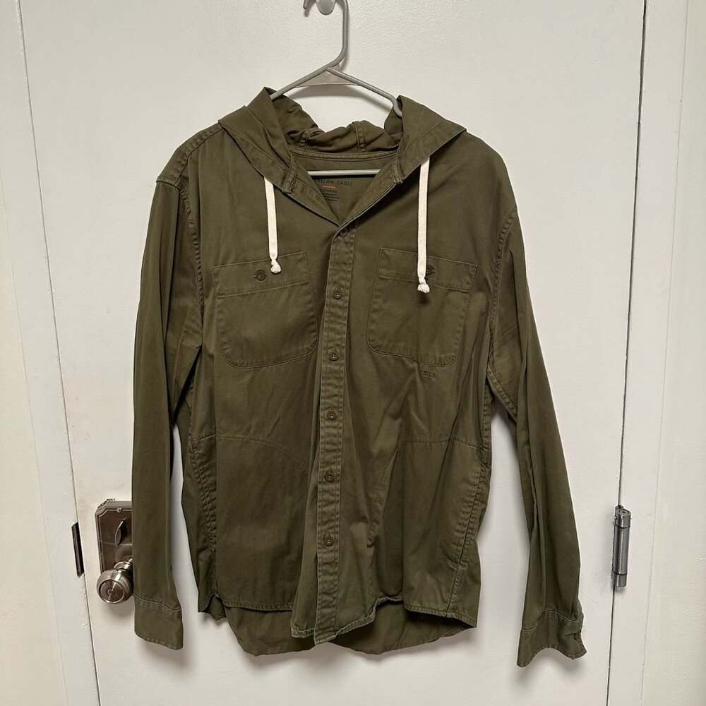 American Eagle Olive Green Hooded Button-Up Shirt - Size XL